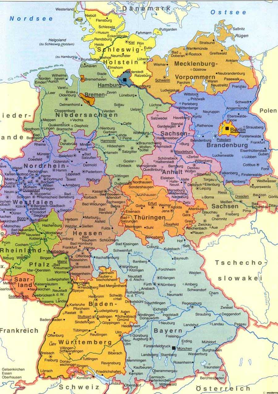 Карта германии с городами на русском подробная. Подробная карта Германии с городами и землями. Карта Германии по землям на русском языке с городами. Карта Германии земли и столицы. Географическая карта Германии.