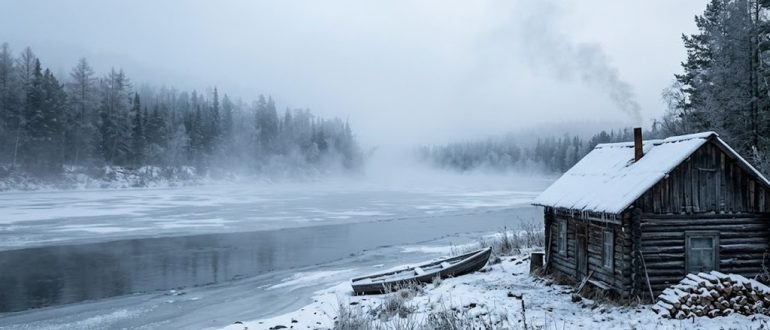 Берег сибирской реки с деревянной избой в морозное утро