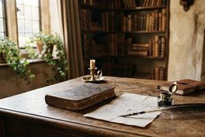 Старинный письменный стол с книгой, пером и письмом