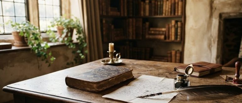 Старинный письменный стол с книгой, пером и письмом