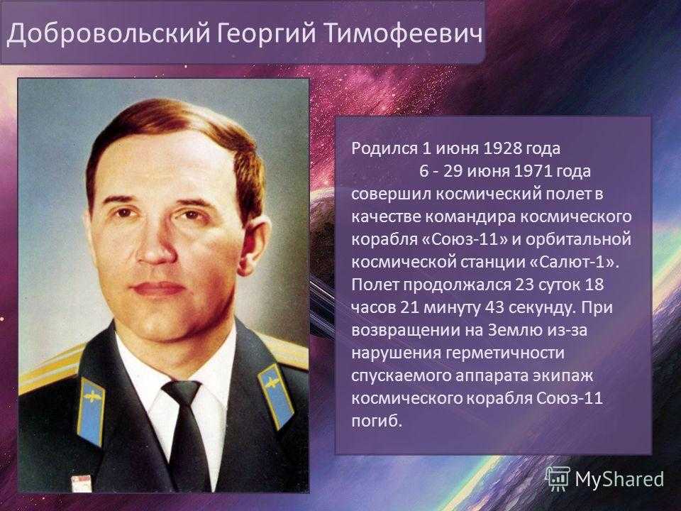 Космонавт Добровольский Георгий Тимофеевич 01061928-30061971 гг 24-й космонавт СССР 52-й в мире, позывной Янтарь-1 1971 г