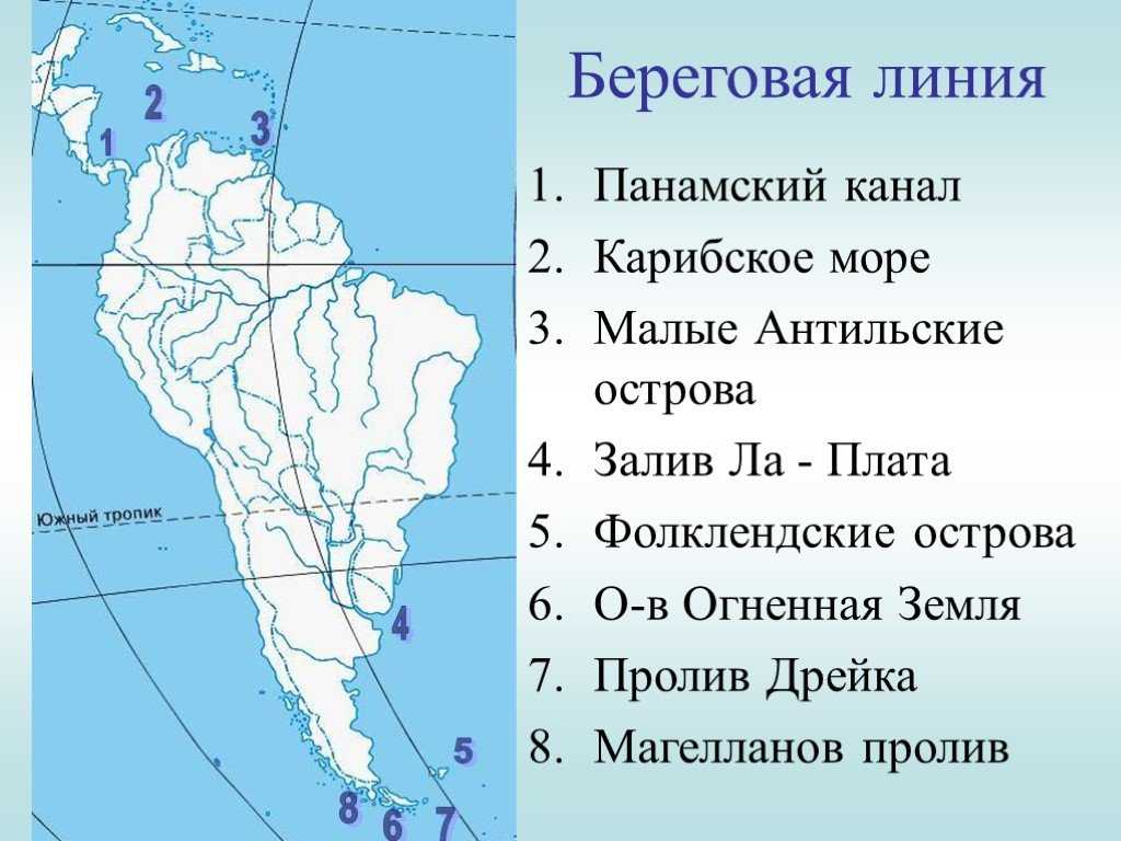 Береговая линия северной америки сильно изрезана. Объекты береговой линии Южной Америки. Залив ла плата на контурной карте Южной Америки. Элементы береговой линии Южной Америки. Заливы и проливы Южной Америки на карте 7 класс.