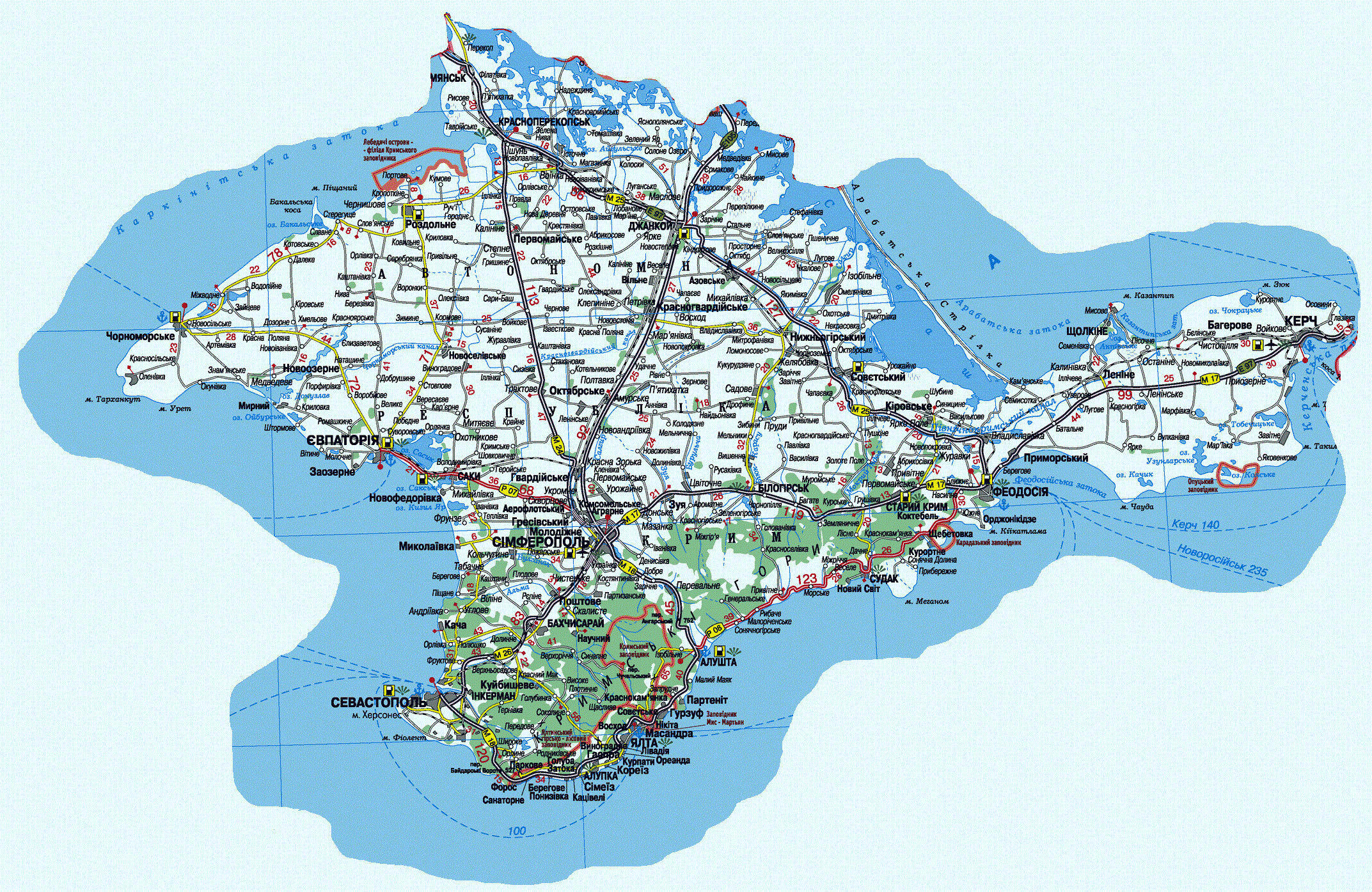 Какие города расположены в крыму. Карта автомобильный дорог Крымского полуострова. Карта Крыма подробная автомобильная. Полуостров Крым автодороги на карте. Атлас автомобильных дорог Крыма 2021.