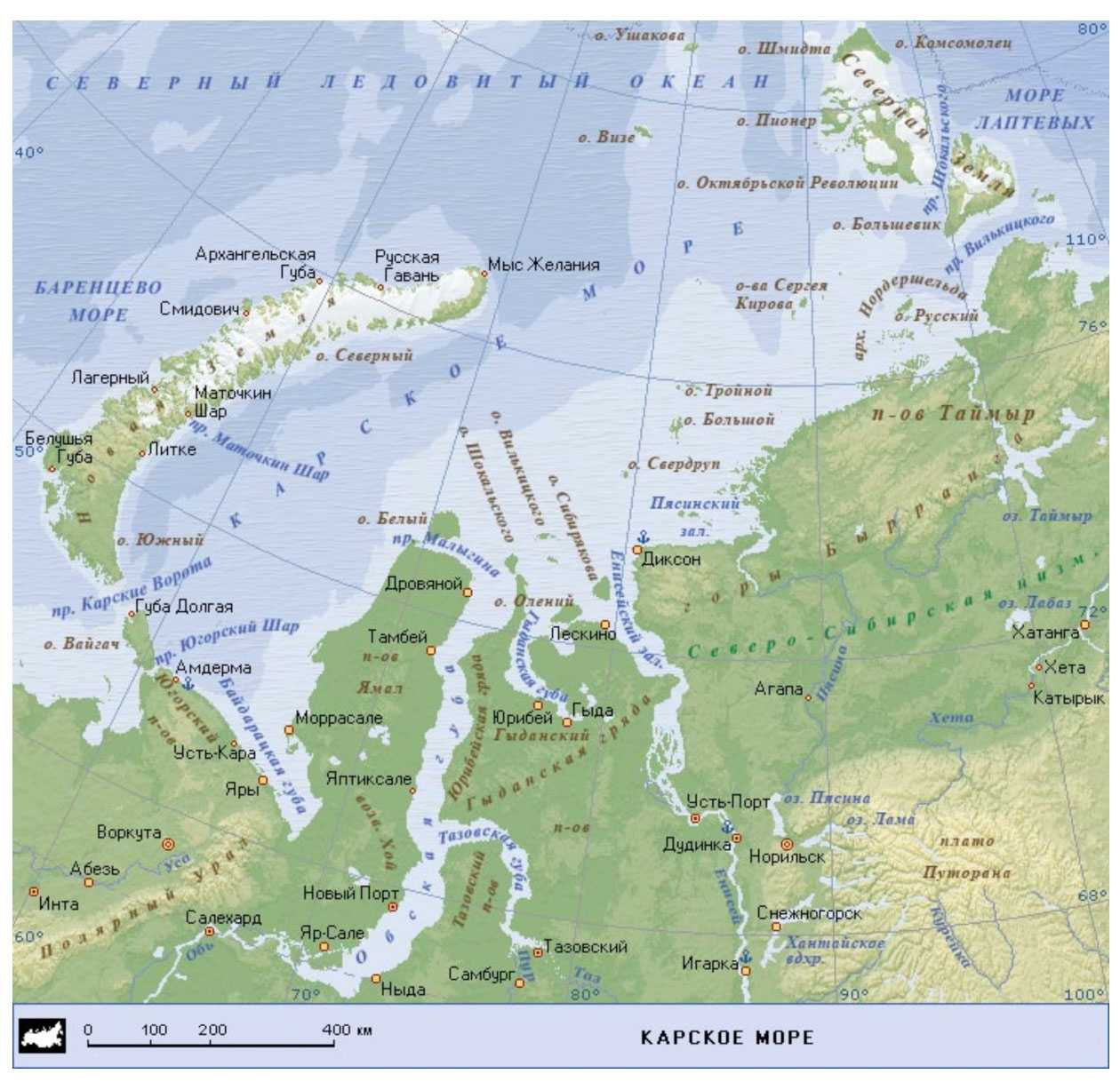 Где находится северный полуостров. Карское море на карте. Физико-географическая карта Карского моря. Карта Карское море новая земля. Байдарацкая губа Карского моря на карте.