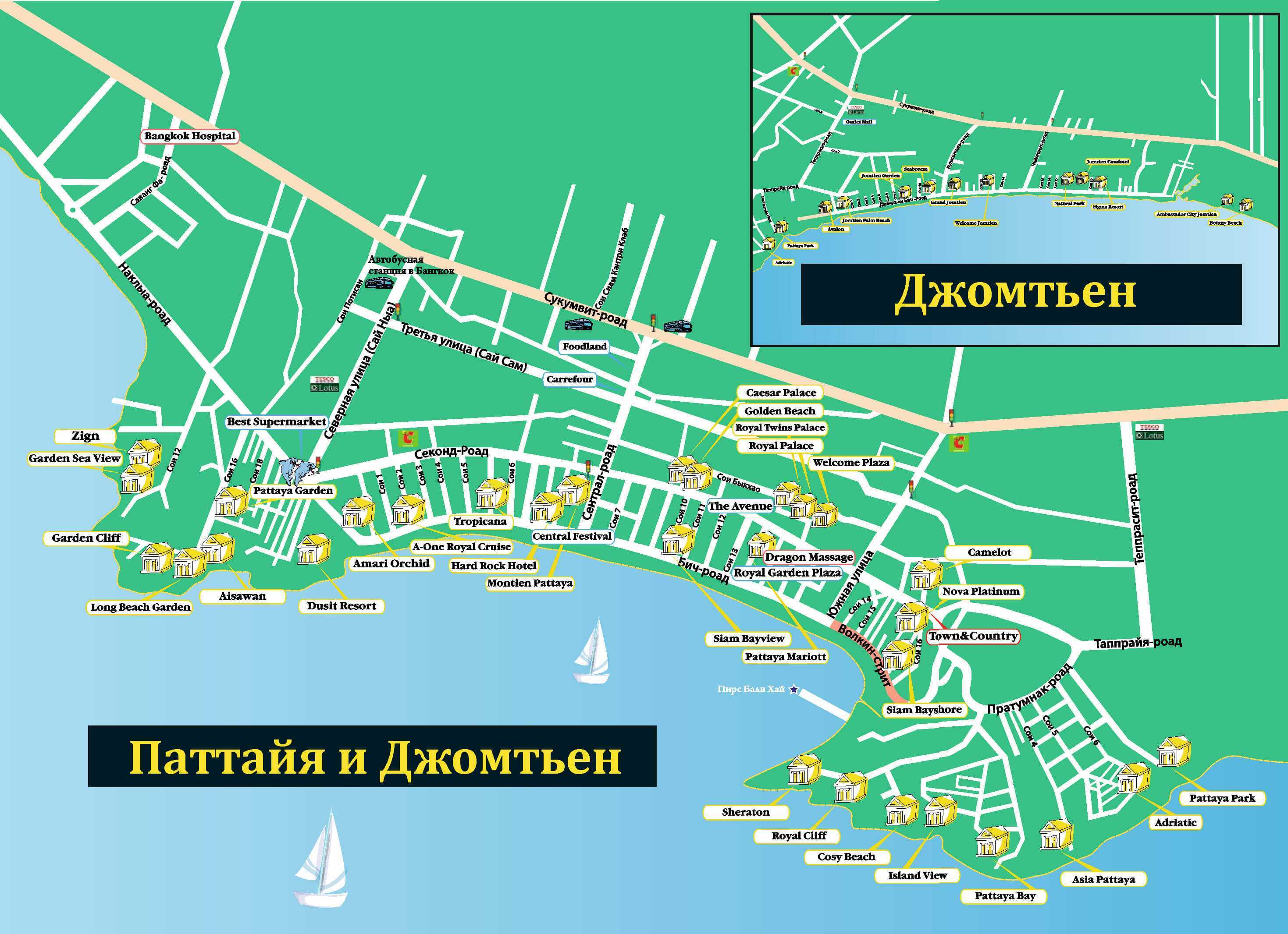 Карты паттайи на русском с достопримечательностями и отелями