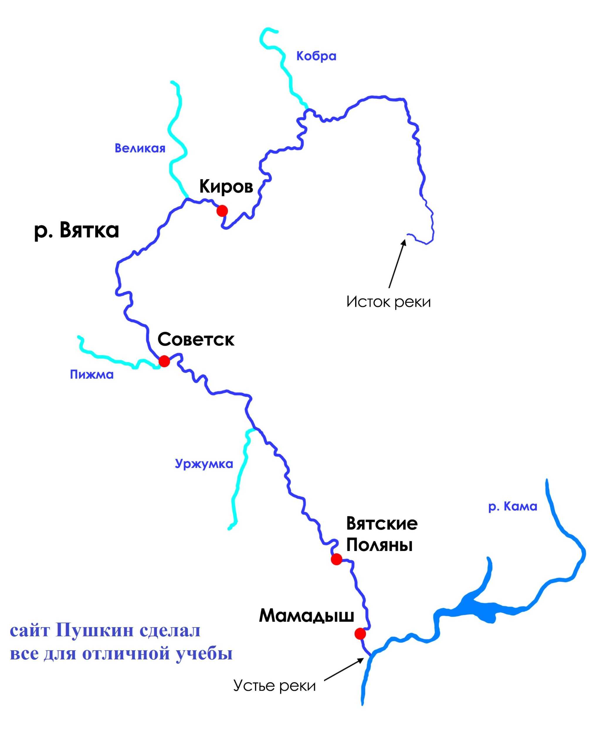 Исток реки Вятка в Кировской области на карте