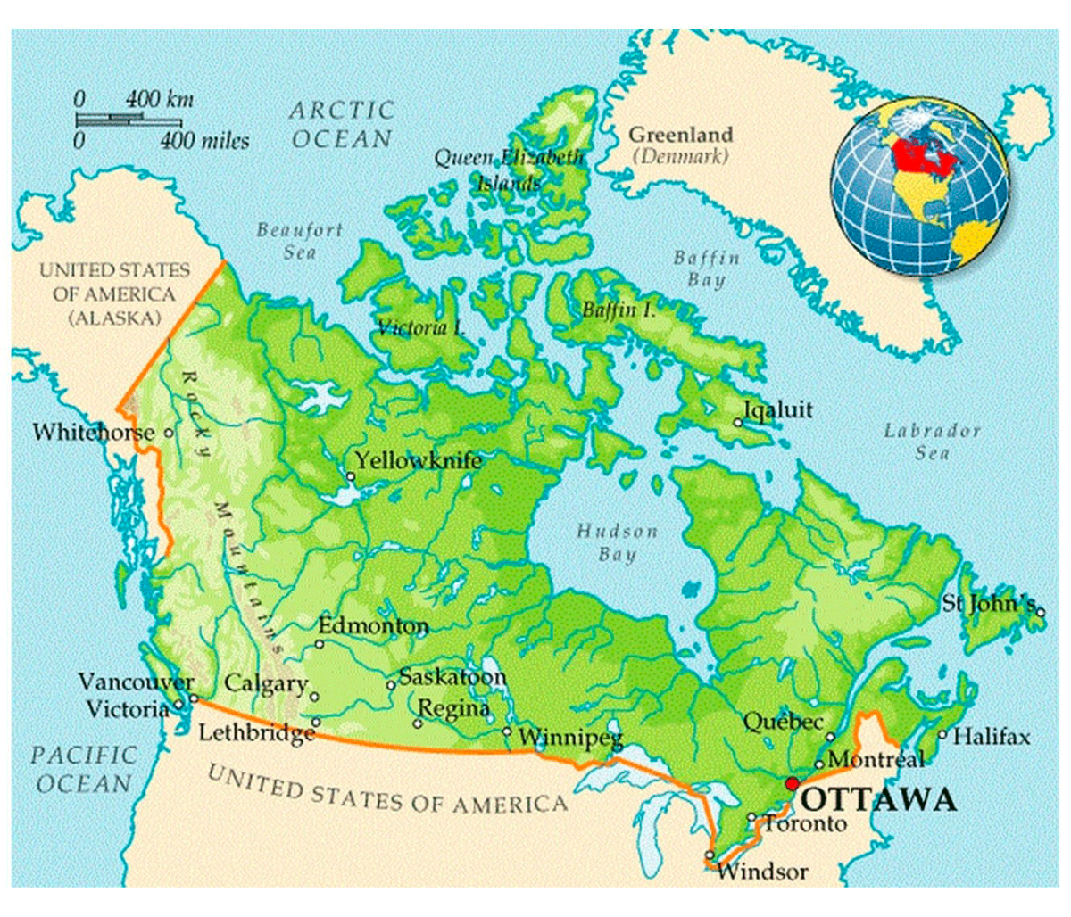 Какие озера находятся на территории канады. Границы Канады на карте. Канада географическое положение карта. Граница США И Канады на карте.