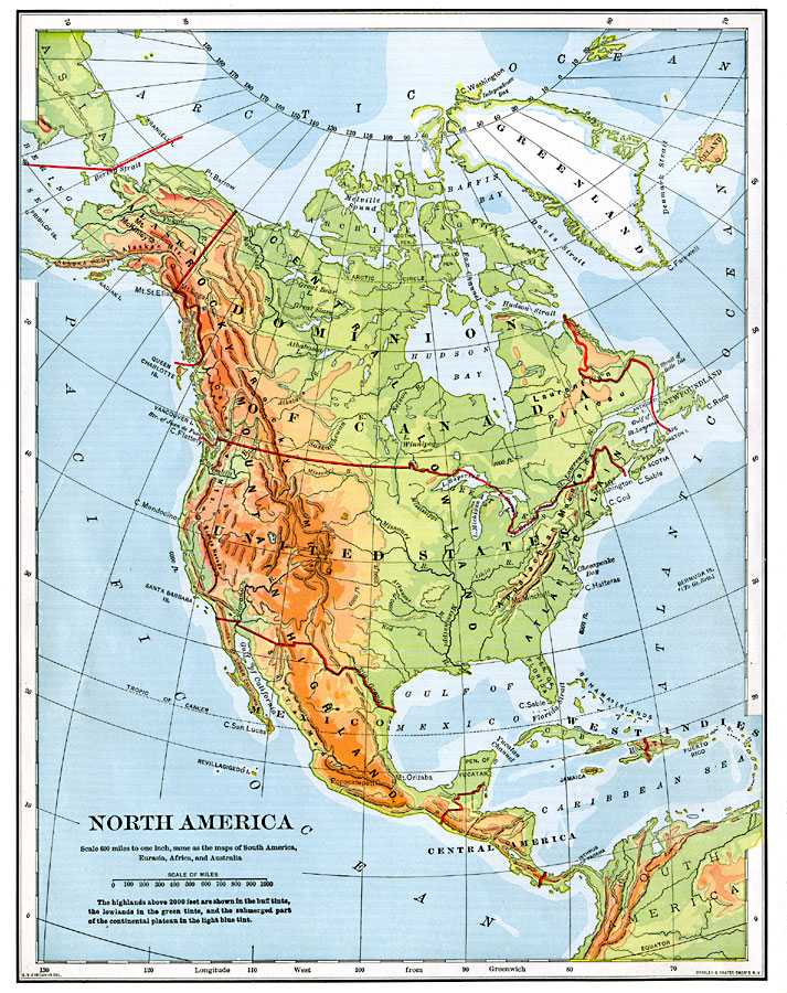 Высшая точка северной америки на карте. Физическая карта Северной Америки. Физическая карта Северной Америки атлас. Карта Северной Америки атлас 7 класс. Карта Северной Америки географическая.