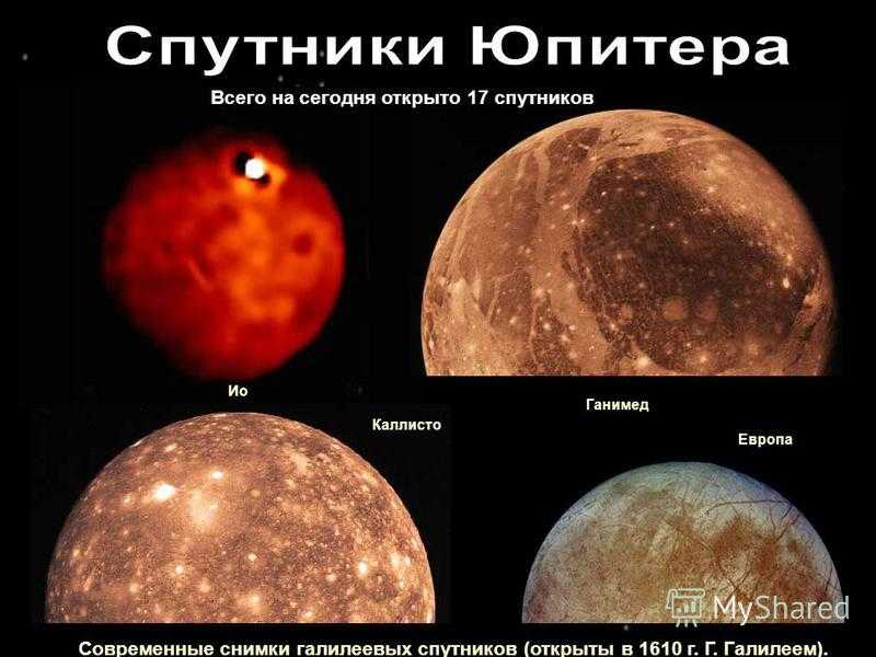 На сегодняшний день, у Юпитера обнаружено 67 спутников Наиболее известные спутники Юпитера это галилеевские: Ио, Европа, Ганимед и Каллисто